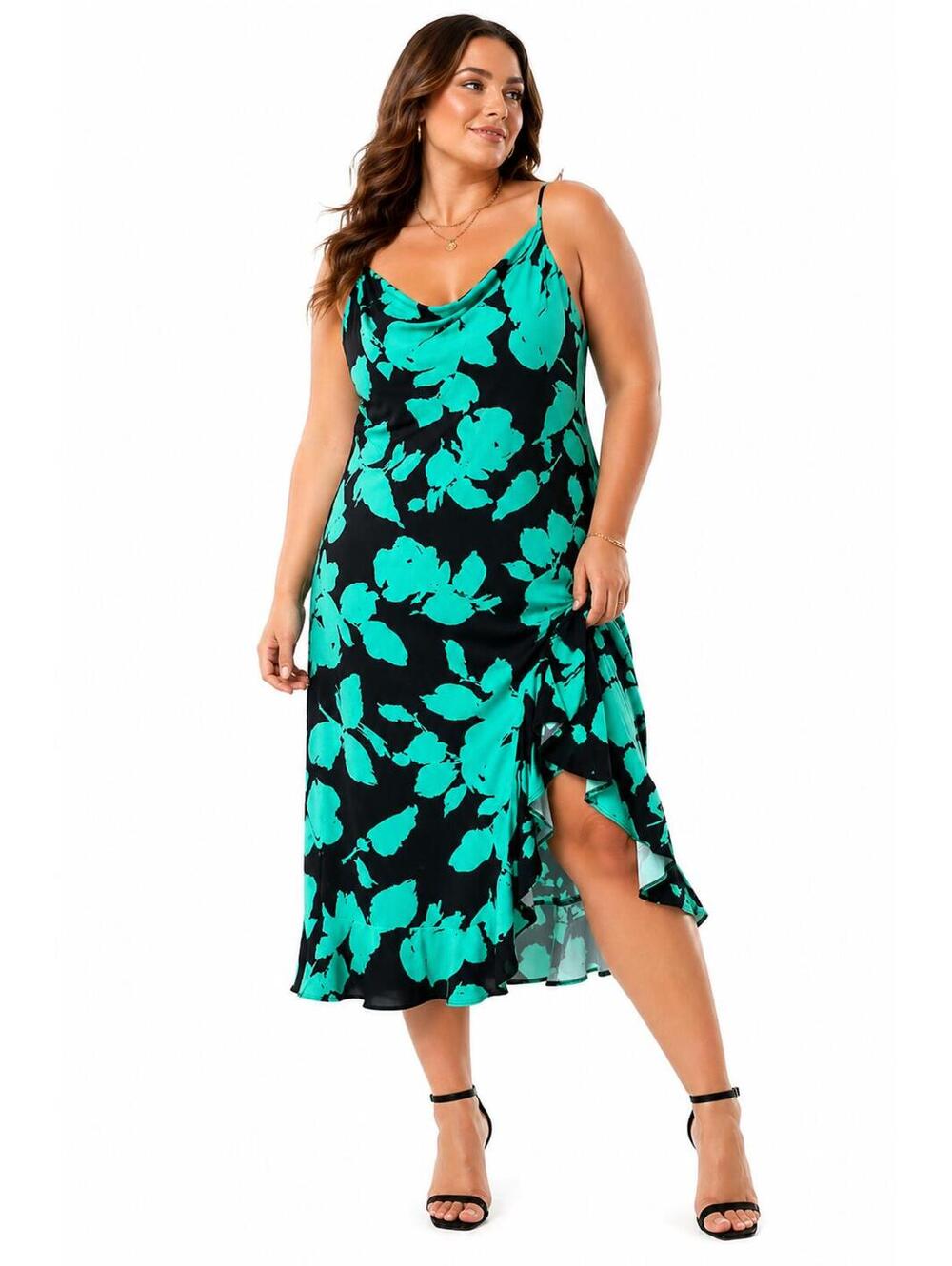 Bold Elements XL Teal Floral Slip Dress - Cowl Neck Midi - Asymmetrical Hem